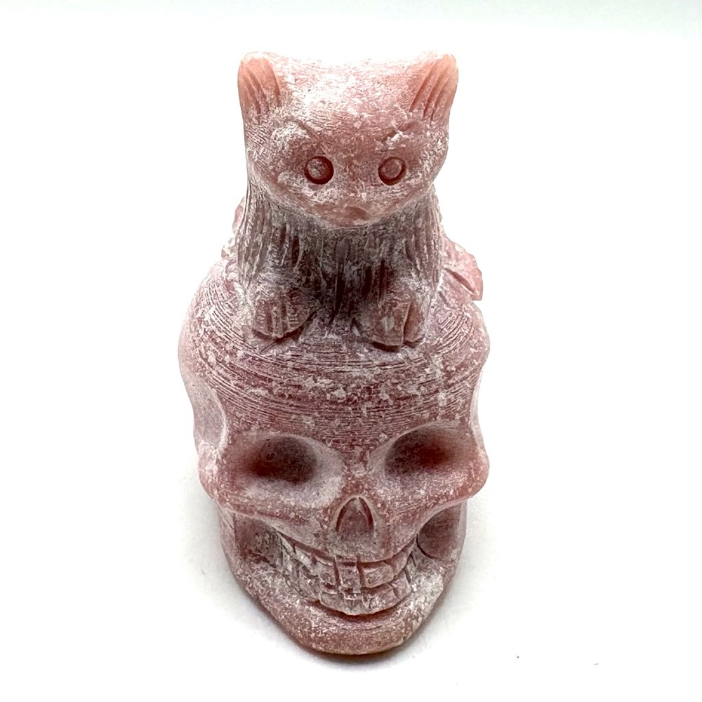 Rose Quartz Crystal Cat Perched on Skull Carving 2.5”